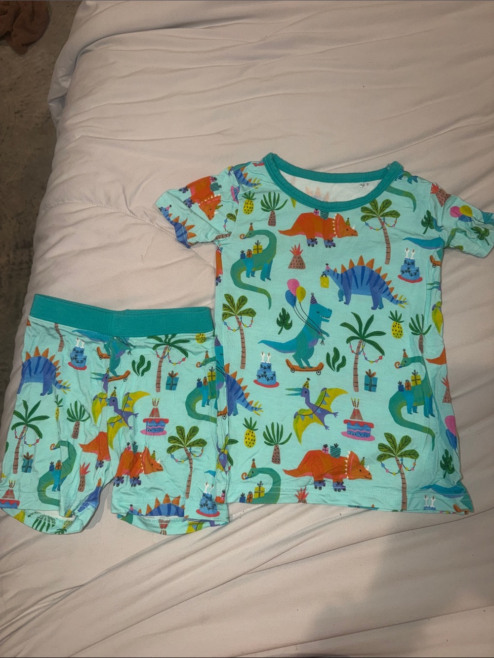 Little Sleepies Teal Dinosaur Short Sleeve Pajama Set with Birthday Print